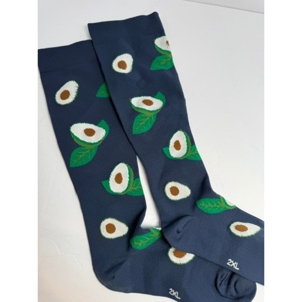 Leocomps Navy Blue Avocado Print Compression Socks Size 2XL Novelty Fruit Tall